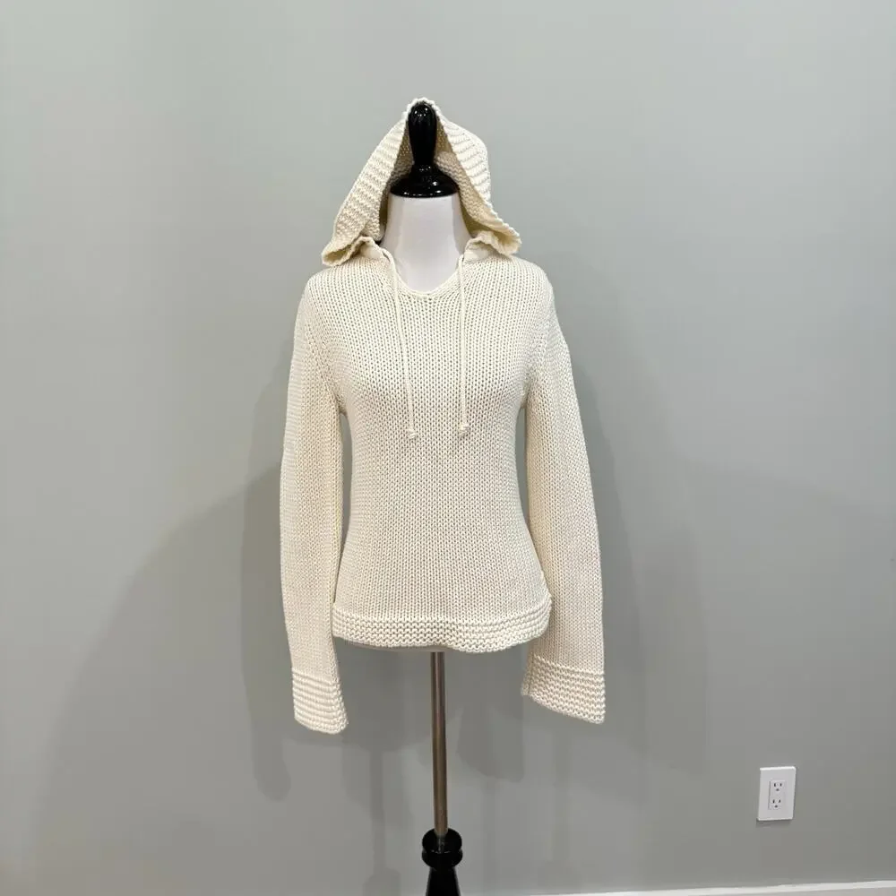 Vintage Y2K GAP Ivory Cotton Fisherman Sweater M Hooded Cable Knit Bell Sleeve